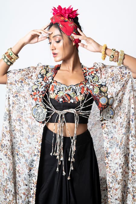 Buy_Pds By Sneha_Multi Color Silk Organza Beads, Embroidery Scoop Floral Print Cape Skirt Set _Online_at_Aza_Fashions