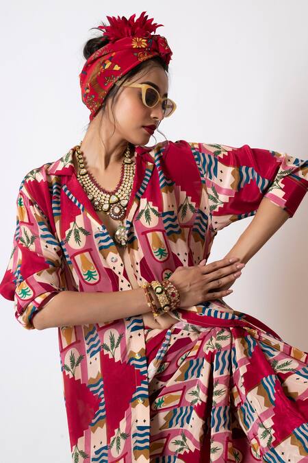 Buy_Pds By Sneha_Red Crepe Split V-neck Abstract Print Shirt And Lungi Skirt Set _Online_at_Aza_Fashions