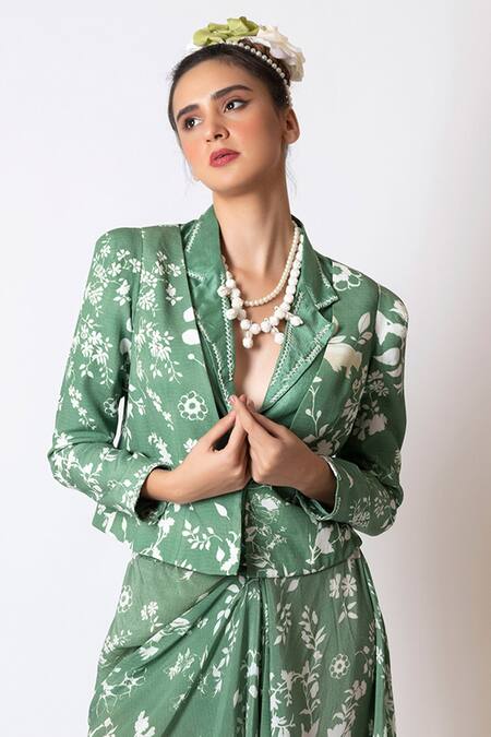 Pds By Sneha_Green Crepe, Silk Embroidery Open Neck Floral Pattern Waistcoat And Skirt Set _Online_at_Aza_Fashions