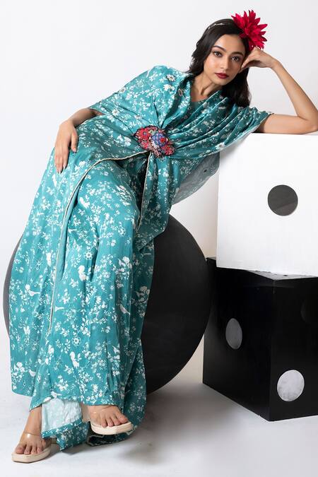 Pds By Sneha_Green Satin Embroidery V-neck Floral Embellished Kaftan And Skirt Set _Online_at_Aza_Fashions