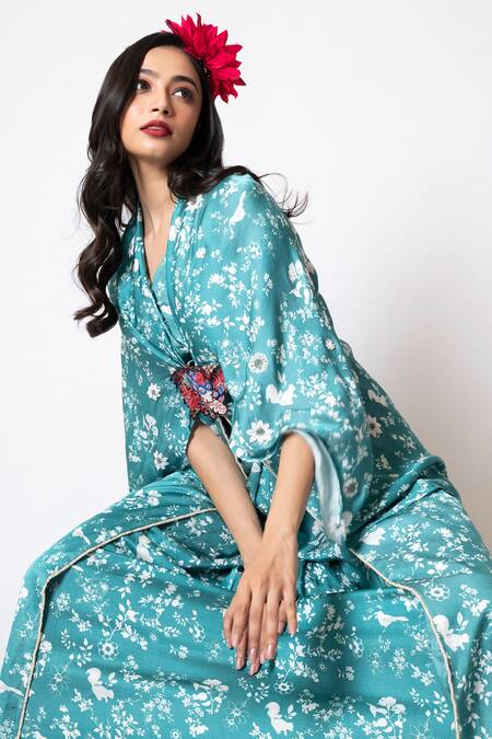Buy_Pds By Sneha_Green Satin Embroidery V-neck Floral Embellished Kaftan And Skirt Set _Online_at_Aza_Fashions