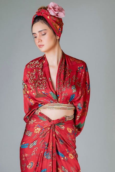 Pds By Sneha_Red Satin And Embroidery Floral & Wrap Top & Knot Skirt Set  _Online_at_Aza_Fashions