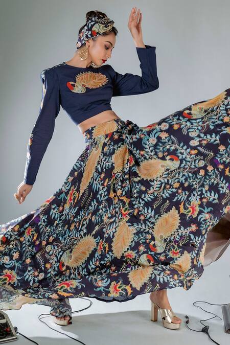 Pds By Sneha_Blue Silk Crepe Print And Embroidery Floral Neck Top & Lehenga Set  _Online_at_Aza_Fashions