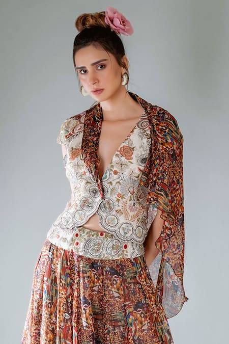 Pds By Sneha_Ivory Organza Cotton Lycra Silk Print And Jacket & Lehenga Set  _Online_at_Aza_Fashions