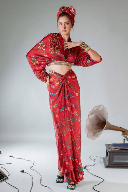 Buy_Pds By Sneha_Red Satin And Embroidery Floral & Wrap Top & Knot Skirt Set  _Online_at_Aza_Fashions
