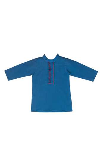 Little Stars_Blue Handloom Cotton Plain Placket Detailing Kurta And Aligarh Pant Set _Online_at_Aza_Fashions