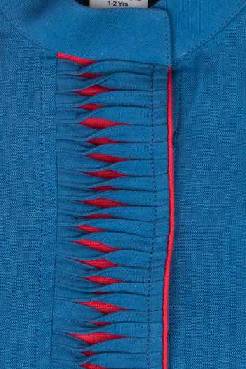 Shop_Little Stars_Blue Handloom Cotton Plain Placket Detailing Kurta And Aligarh Pant Set _Online_at_Aza_Fashions