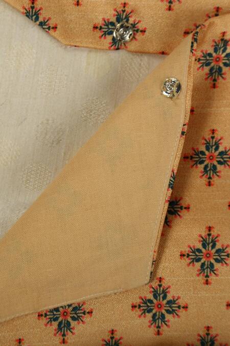 Champscloset_Gold Cotton Printed Floral Bundi And Kurta Set_Online_at_Aza_Fashions