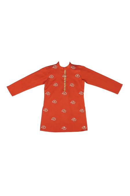 Little Stars_Orange Handloom Cotton And Muslin Band Collar Kurta & Patiala Pant Set _Online_at_Aza_Fashions