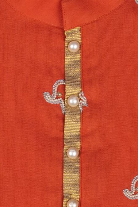 Shop_Little Stars_Orange Handloom Cotton And Muslin Band Collar Kurta & Patiala Pant Set _Online_at_Aza_Fashions