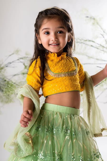 Lil Angels_Yellow Chanderi, Net, Cotton, Chiffon Sequins Embroidered Blouse Lehenga Set _Online_at_Aza_Fashions