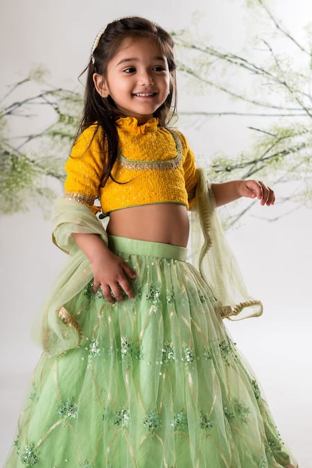 Buy_Lil Angels_Yellow Chanderi, Net, Cotton, Chiffon Sequins Embroidered Blouse Lehenga Set _Online_at_Aza_Fashions
