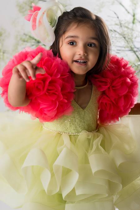 Lil Angels_Green Organza, Net, Cotton Sequins, Pearls, Floral Embellished Sleeve Dress _Online_at_Aza_Fashions