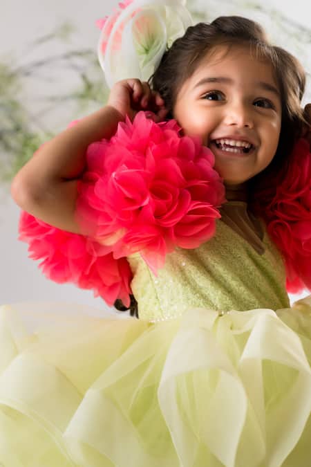 Buy_Lil Angels_Green Organza, Net, Cotton Sequins, Pearls, Floral Embellished Sleeve Dress _Online_at_Aza_Fashions