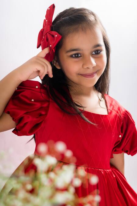 Buy_Lil Angels_Red Cotton, Satin Pearls Embellished Sleeve Dress _Online_at_Aza_Fashions