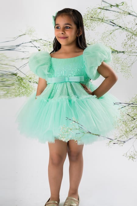Lil Angels_Green Net, Denim, Cotton Sequins Embellished Dress _Online_at_Aza_Fashions
