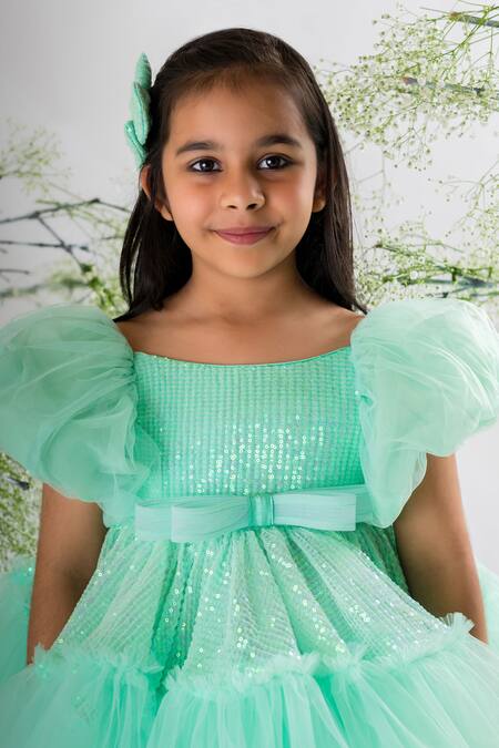 Buy_Lil Angels_Green Net, Denim, Cotton Sequins Embellished Dress _Online_at_Aza_Fashions