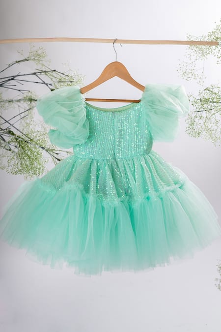 Shop_Lil Angels_Green Net, Denim, Cotton Sequins Embellished Dress _Online_at_Aza_Fashions