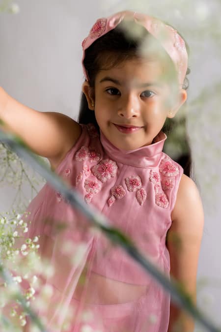 Lil Angels_Pink Organza, Silk Satin Embroidery Floral Top And Skirt Set _Online_at_Aza_Fashions
