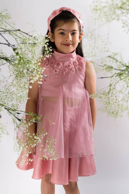 Buy_Lil Angels_Pink Organza, Silk Satin Embroidery Floral Top And Skirt Set _Online_at_Aza_Fashions