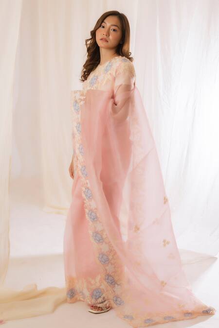 Vaani Beswal_Pink Handwoven Silk Organza Embroidery Floral Border Saree _Online_at_Aza_Fashions