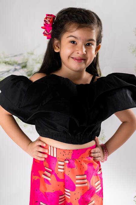 Lil Angels Black Satin, Cotton Layered Top And Candy Print Pant Set Online at Aza Fashions Lil Angels_Black Satin, Cotton Layered Top And Candy Print Pant Set _Online_at_Aza_Fashions