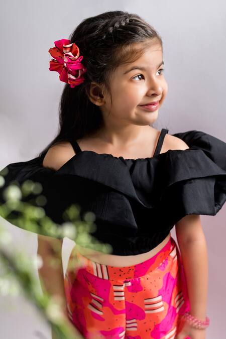 Buy Lil Angels Black Satin, Cotton Layered Top And Candy Print Pant Set Online at Aza Fashions Buy_Lil Angels_Black Satin, Cotton Layered Top And Candy Print Pant Set _Online_at_Aza_Fashions
