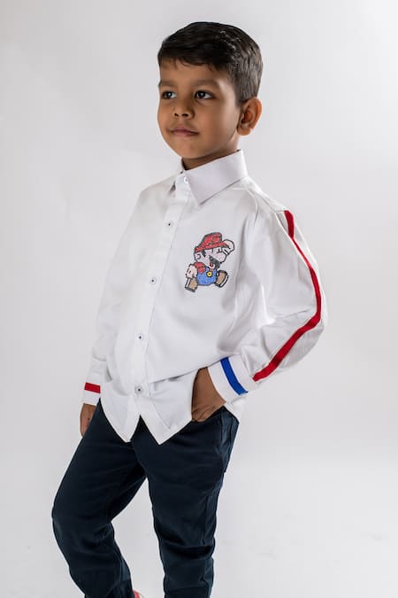 Lil Angels_White Cotton Beads, Embroidery Mario Shirt _Online_at_Aza_Fashions
