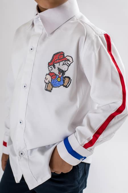 Buy_Lil Angels_White Cotton Beads, Embroidery Mario Shirt _Online_at_Aza_Fashions