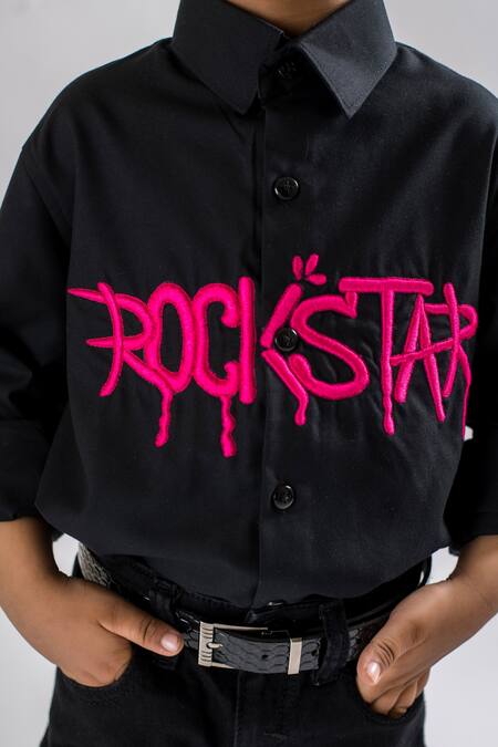 Lil Angels Black Cotton Embroidery Rockstar Embellished Shirt Online at Aza Fashions Lil Angels_Black Cotton Embroidery Rockstar Embellished Shirt _Online_at_Aza_Fashions