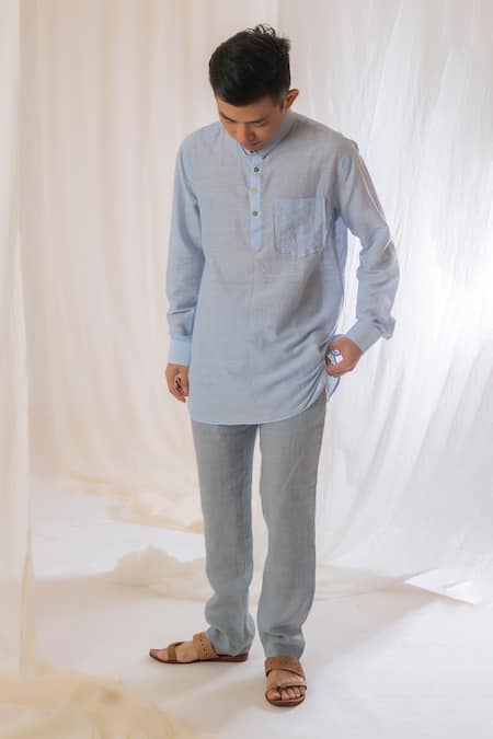 Vaani Beswal Blue Silk Handloom Cotton Plain Mandarin Collar Short Kurta Online at Aza Fashions Vaani Beswal_Blue Silk Handloom Cotton Plain Mandarin Collar Short Kurta _Online_at_Aza_Fashions