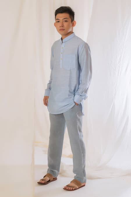 Buy Vaani Beswal Blue Silk Handloom Cotton Plain Mandarin Collar Short Kurta Online at Aza Fashions Buy_Vaani Beswal_Blue Silk Handloom Cotton Plain Mandarin Collar Short Kurta _Online_at_Aza_Fashions