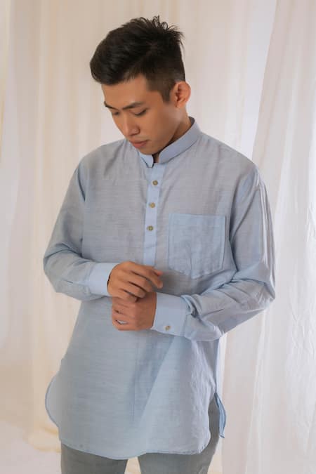 Shop Vaani Beswal Blue Silk Handloom Cotton Plain Mandarin Collar Short Kurta Online at Aza Fashions Shop_Vaani Beswal_Blue Silk Handloom Cotton Plain Mandarin Collar Short Kurta _Online_at_Aza_Fashions
