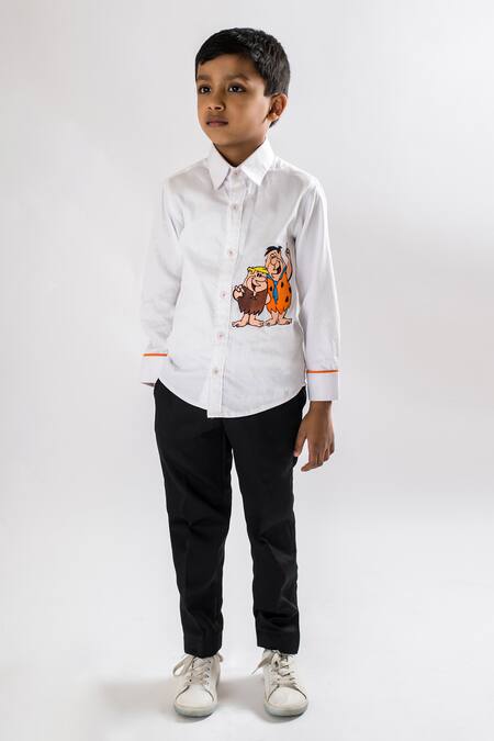 Lil Angels White Cotton Embroidery Hand Painted Flintstones Shirt Online at Aza Fashions Lil Angels_White Cotton Embroidery Hand Painted Flintstones Shirt _Online_at_Aza_Fashions