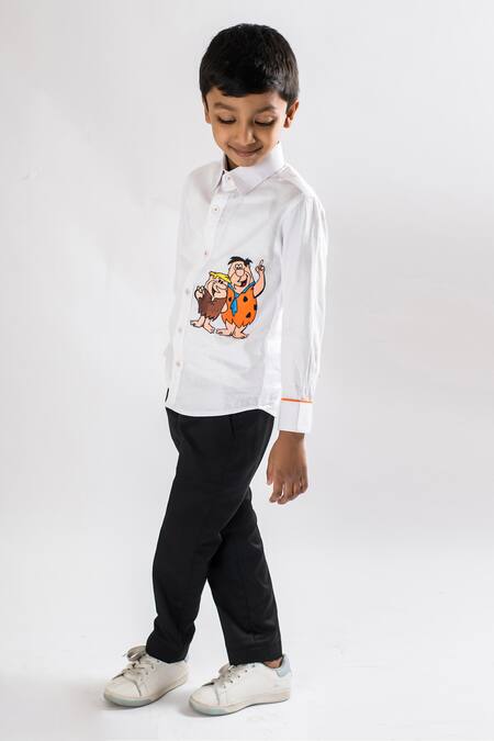 Buy Lil Angels White Cotton Embroidery Hand Painted Flintstones Shirt Online at Aza Fashions Buy_Lil Angels_White Cotton Embroidery Hand Painted Flintstones Shirt _Online_at_Aza_Fashions