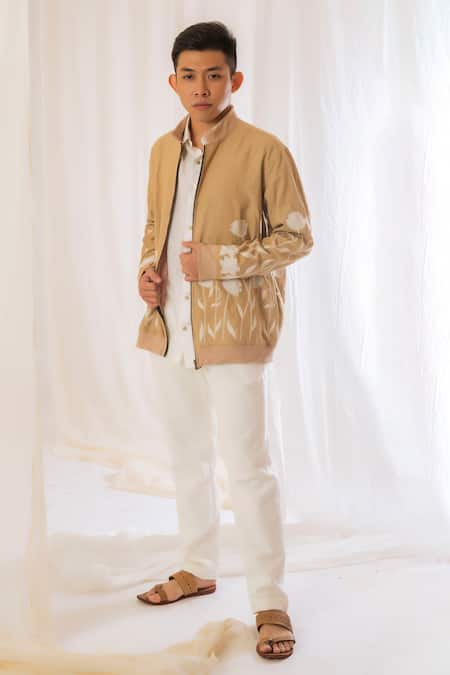 Buy_Vaani Beswal_Beige Handwoven Muga Slub Embroidery Floral Bomber Jacket _Online_at_Aza_Fashions