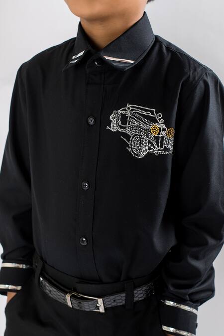 Lil Angels Black Cotton Embroidery Vintage Car Embellished Shirt Online at Aza Fashions Lil Angels_Black Cotton Embroidery Vintage Car Embellished Shirt _Online_at_Aza_Fashions
