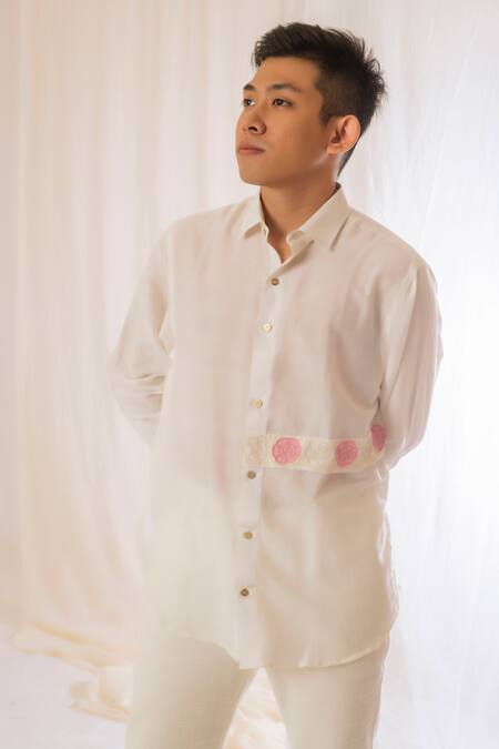 Shop_Vaani Beswal_Off White Silk Handloom Cotton Embroidery Floral Shirt _Online_at_Aza_Fashions