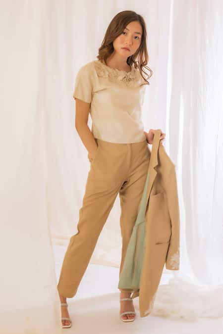 Buy_Vaani Beswal_Beige Handwoven Tussar Silk Plain Round Half Sleeve Top _Online_at_Aza_Fashions