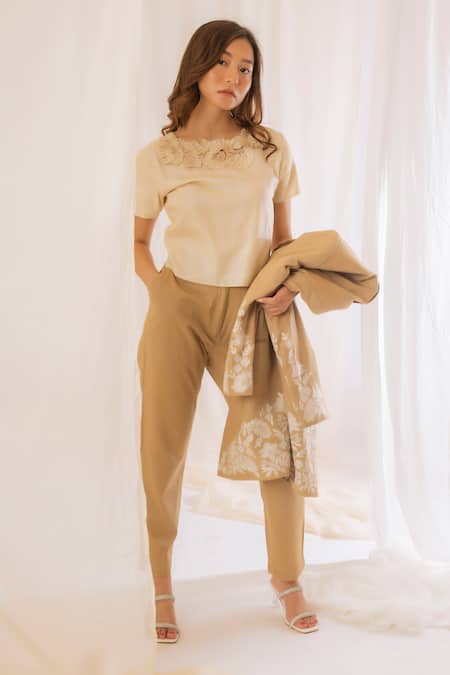 Shop_Vaani Beswal_Beige Handwoven Tussar Silk Plain Round Half Sleeve Top _Online_at_Aza_Fashions