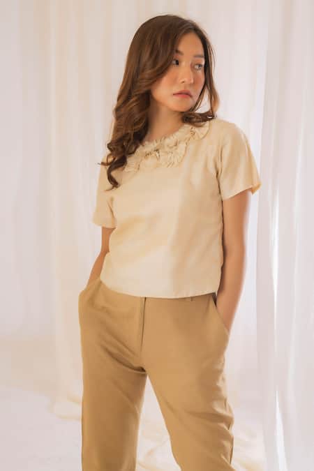 Vaani Beswal_Beige Handwoven Tussar Silk Plain Round Half Sleeve Top _at_Aza_Fashions