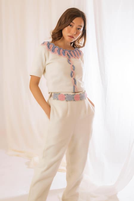 Shop_Vaani Beswal_Off White Embroidery Boat Neck Crop Top _Online_at_Aza_Fashions