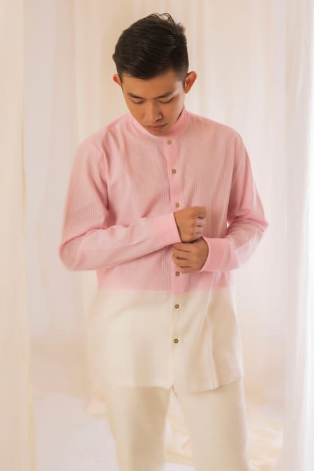 Shop_Vaani Beswal_Pink Handwoven Cotton Stripe Pattern Colorblock Shirt _Online_at_Aza_Fashions
