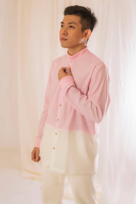 Vaani Beswal_Pink Handwoven Cotton Stripe Pattern Colorblock Shirt _at_Aza_Fashions
