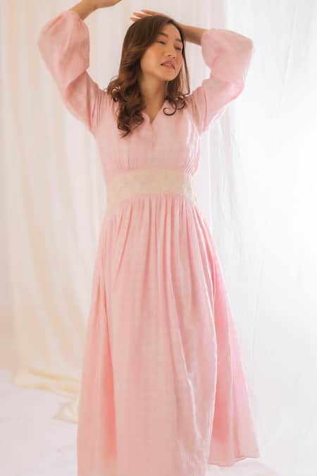 Buy Vaani Beswal Pink Handwoven Mulberry Silk Checkered, Floral V Neck Pattern Dress Online at Aza Fashions Buy_Vaani Beswal_Pink Handwoven Mulberry Silk Checkered, Floral V Neck Pattern Dress _Online_at_Aza_Fashions