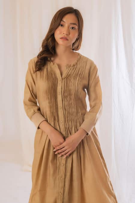 Vaani Beswal Beige Handwoven Chanderi Silk Plain Mandarin Collar Pintuck Dress Online at Aza Fashions Vaani Beswal_Beige Handwoven Chanderi Silk Plain Mandarin Collar Pintuck Dress _Online_at_Aza_Fashions
