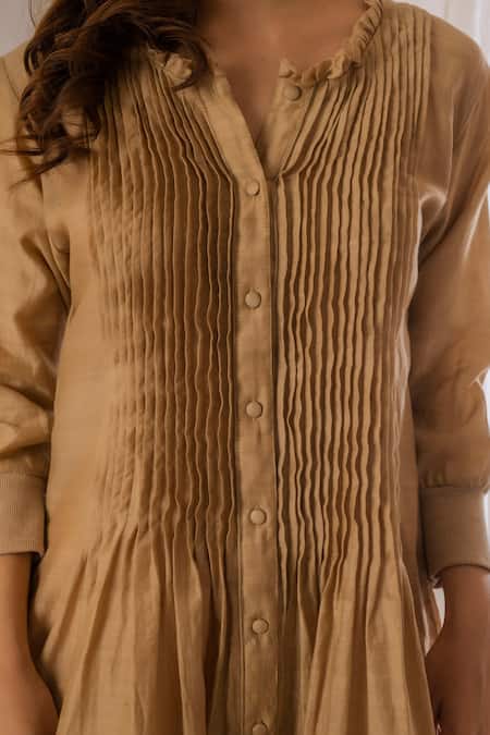 Buy Vaani Beswal Beige Handwoven Chanderi Silk Plain Mandarin Collar Pintuck Dress Online at Aza Fashions Buy_Vaani Beswal_Beige Handwoven Chanderi Silk Plain Mandarin Collar Pintuck Dress _Online_at_Aza_Fashions