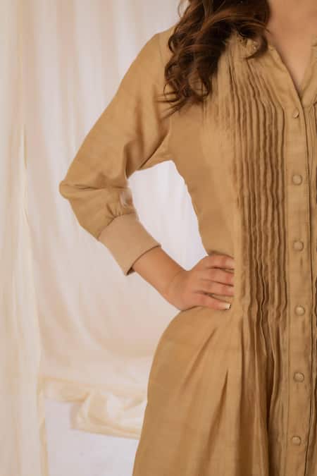 Shop Vaani Beswal Beige Handwoven Chanderi Silk Plain Mandarin Collar Pintuck Dress Online at Aza Fashions Shop_Vaani Beswal_Beige Handwoven Chanderi Silk Plain Mandarin Collar Pintuck Dress _Online_at_Aza_Fashions
