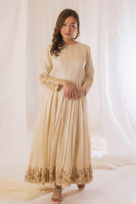 Vaani Beswal Beige Handwoven Tussar Silk Floral, Thread Round Sleeve Embroidered Dress Online at Aza Fashions Vaani Beswal_Beige Handwoven Tussar Silk Floral, Thread Round Sleeve Embroidered Dress _Online_at_Aza_Fashions
