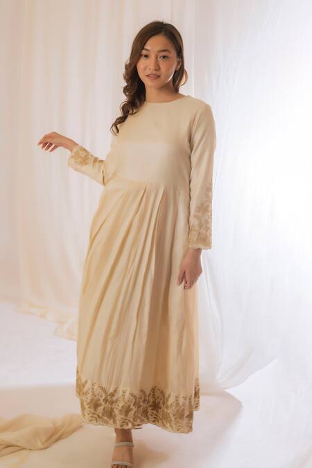 Buy Vaani Beswal Beige Handwoven Tussar Silk Floral, Thread Round Sleeve Embroidered Dress Online at Aza Fashions Buy_Vaani Beswal_Beige Handwoven Tussar Silk Floral, Thread Round Sleeve Embroidered Dress _Online_at_Aza_Fashions